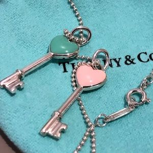 Tiffany & Co enamel heart keys with beaded chain